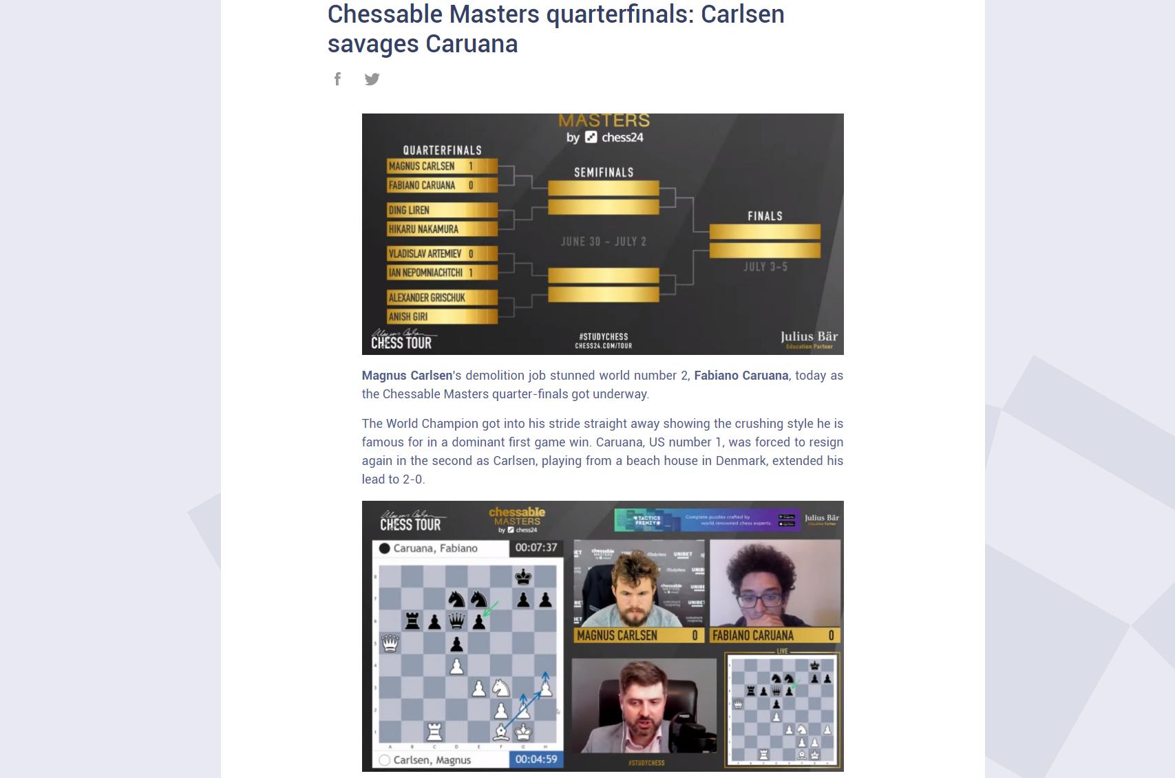 Photo of Chessable Masters quarterfinals: Carlsen savages <b>Caruana</b>