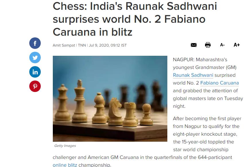 Photo of Chess: India's Raunak Sadhwani surprises world No. 2 Fabiano <b>Caruana</b> in blitz