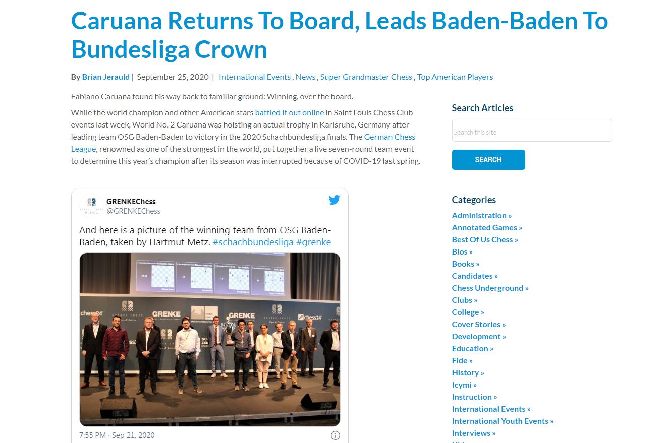 Photo of <b>Caruana</b> Returns to Board, Leads Baden-Baden to Bundesliga Crown