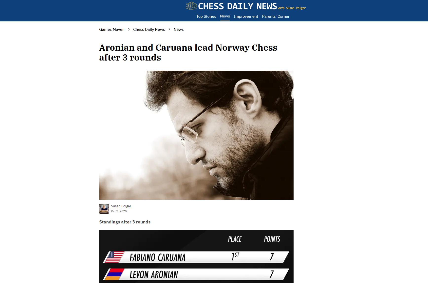 Photo of Aronian and <b>Caruana</b> lead Norway Chess after 3 rounds