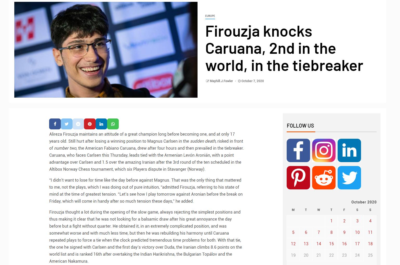 Photo of Firouzja knocks <b>Caruana</b>, 2nd in the world, in the tiebreaker