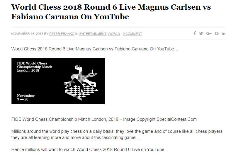 Photo of World Chess 2018 Round 6 Live Magnus Carlsen vs Fabiano Caruana On YouTube