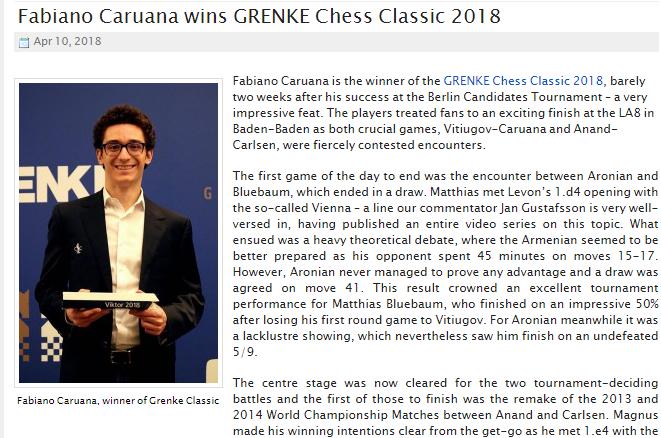 Photo of Fabiano Caruana wins GRENKE Chess Classic 2018!