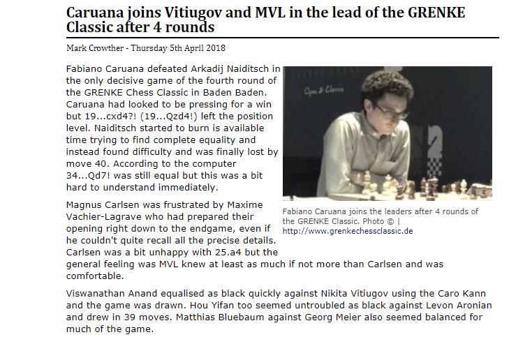 Photo of Caruana joins Vitiugov and MVL in the lead of the GRENKE Classic after 4 rounds