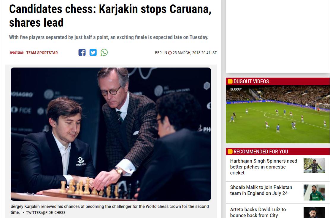 Photo of Candidates chess: Karjakin stops Caruana, shares lead