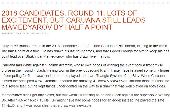 Photo of 2018 Candidates, Round 11: Lots of Excitement, but Caruana Still Leads Mamedyarov by Half a ...