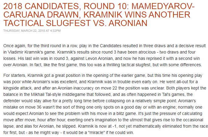 Photo of 2018 Candidates, Round 10: Mamedyarov-Caruana Drawn, Kramnik Wins Another Tactical ...