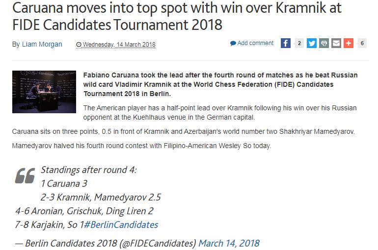 Photo of Caruana moves into top spot with win over Kramnik at FIDE Candidates Tournament 2018