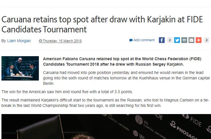 Photo of Caruana retains top spot after draw with Karjakin at FIDE Candidates Tournament