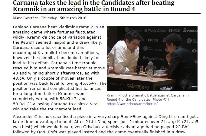 Photo of Caruana takes the lead in the Candidates after beating Kramnik in an amazing battle in Round 4