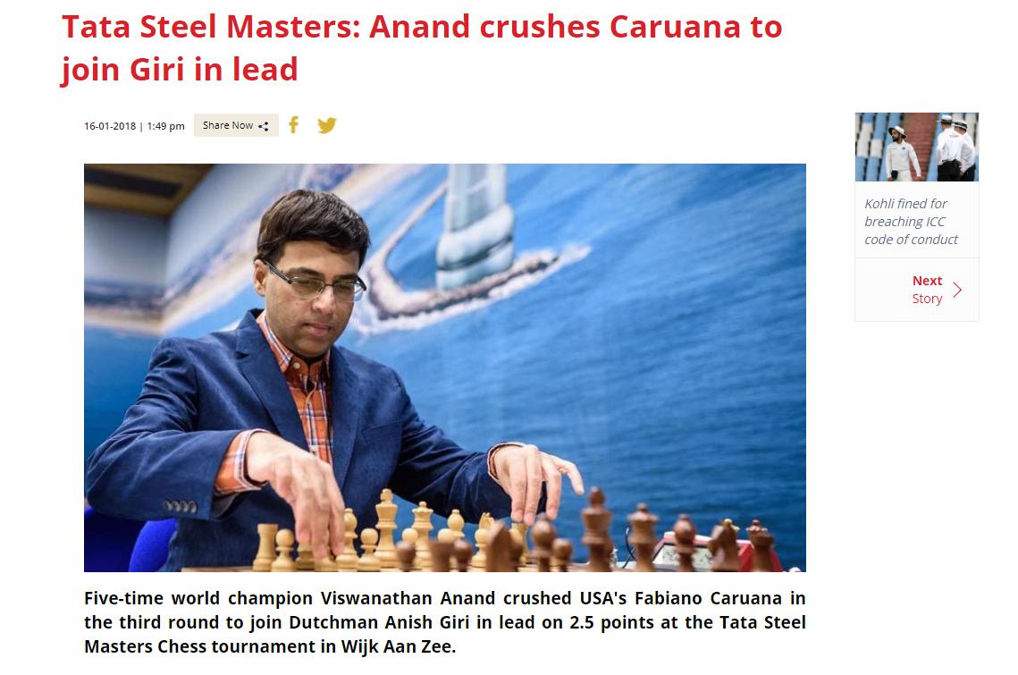 Photo of Tata Steel Masters: Anand crushes Caruana to join Giri in lead