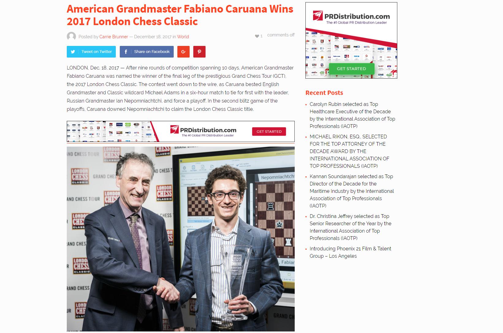 Photo of American Grandmaster Fabiano Caruana Wins 2017 London Chess Classic