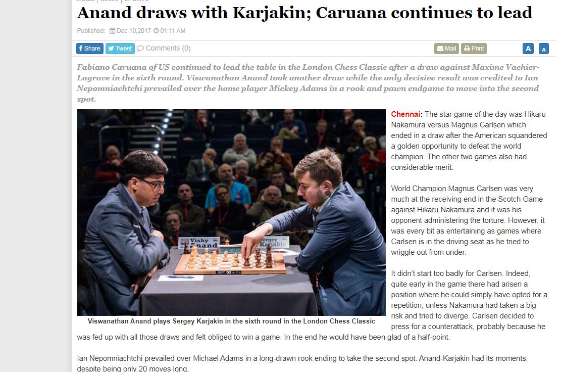 Photo of Anand draws with Karjakin; Caruana continues to lead