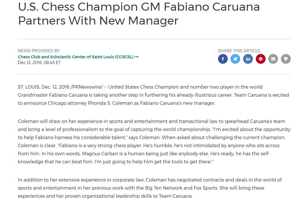 Photo of US Chess Champion GM Fabiano Caruana Partners With New Manager