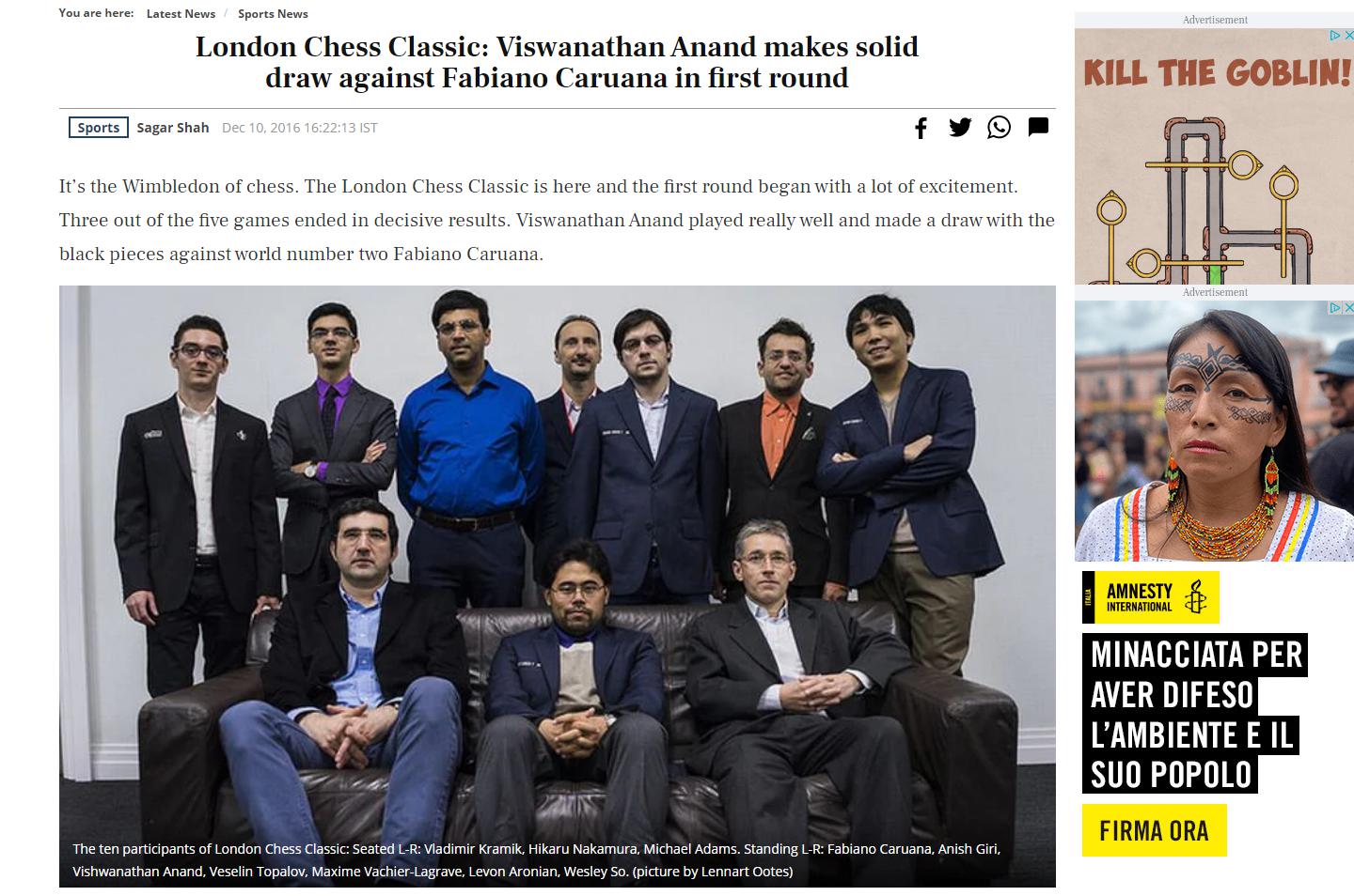 Photo of London Chess Classic: Viswanathan Anand makes solid draw against Fabiano Caruana in first ...